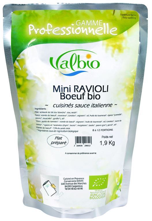 Ravioli mini au boeuf Bio - VALBIO - Carton de 3 poches