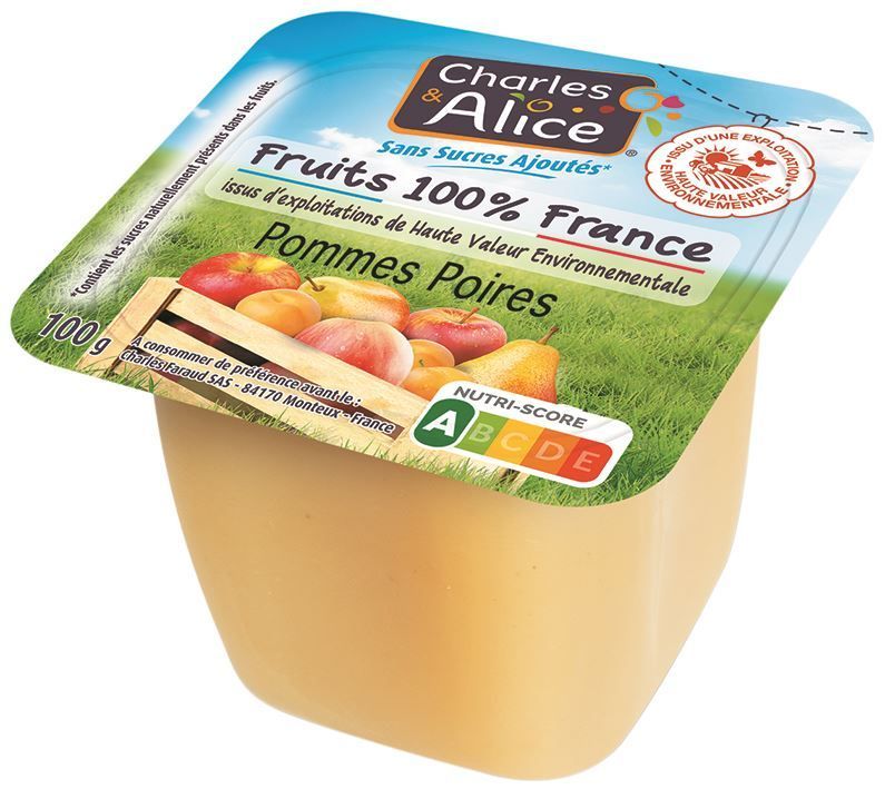 Purée de pommes et poires sans sucres ajoutés HVE - CHARLES ET ALICE - Carton de 120 coupelles