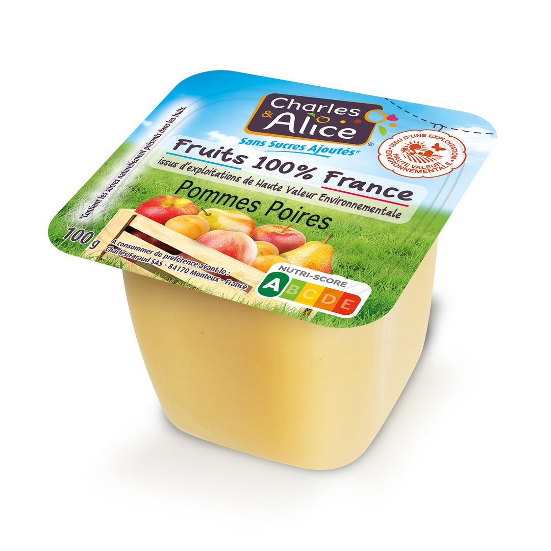 Purée de pommes et poires sans sucres ajoutés HVE - CHARLES ET ALICE - Carton de 120 coupelles