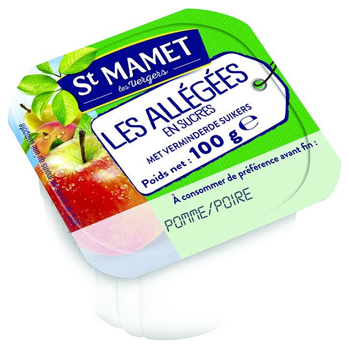 Compote de pommes et poires allégé en sucres - ST MAMET - Carton de 120 coupelles