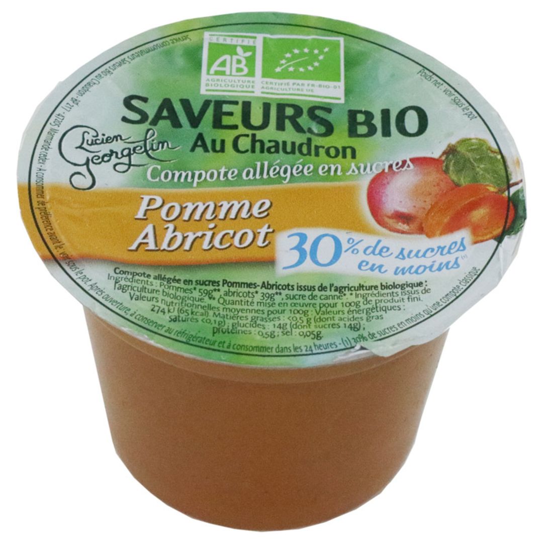 Compote de pommes et d'abricots Bio - LUCIEN GEORGELIN - Carton de 48 coupelles