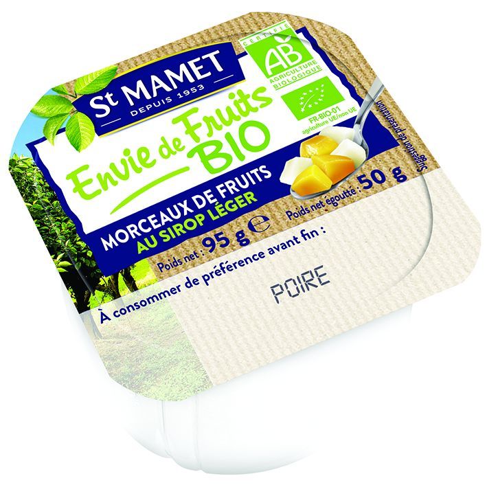 Poires en morceaux au sirop léger Envie de fruits Bio - ST MAMET - Carton de 120 coupelles