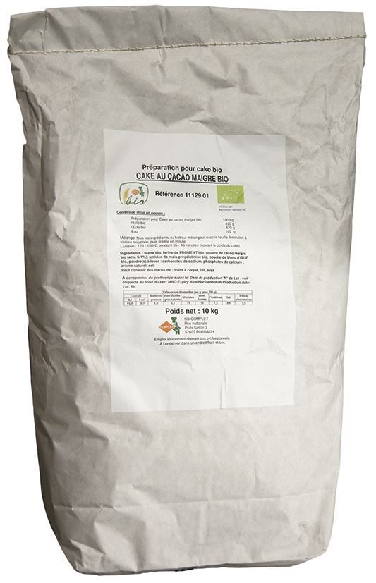 Préparation pour cake saveur cacao maigre Bio - COMPLET - Sac de 10 kg