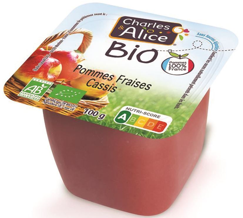 Purée de pommes fraises et cassis sans sucres ajoutés Bio - CHARLES ET ALICE - Carton de 120 coupelles