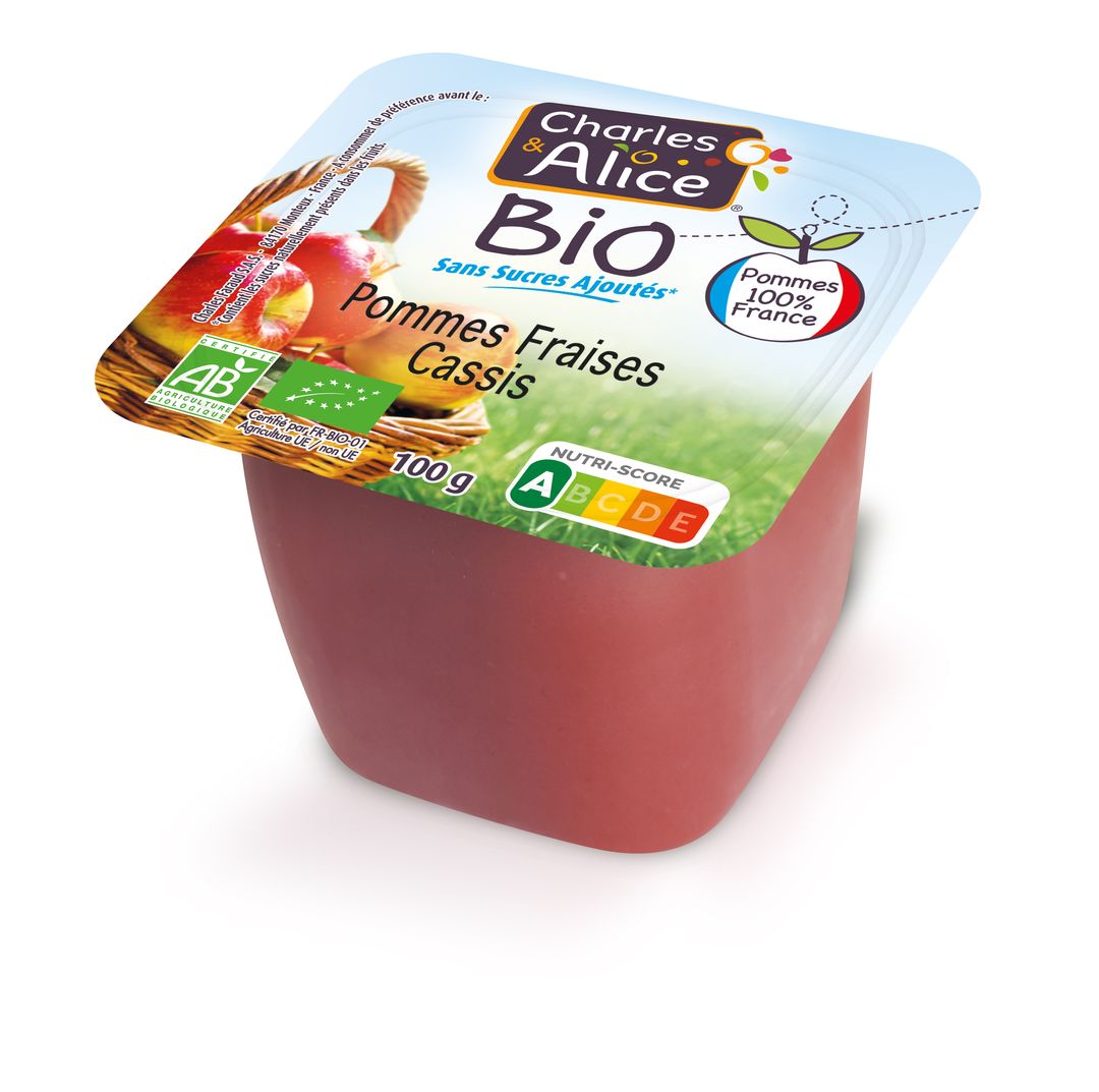 Purée de pommes fraises et cassis sans sucres ajoutés Bio - CHARLES ET ALICE - Carton de 120 coupelles