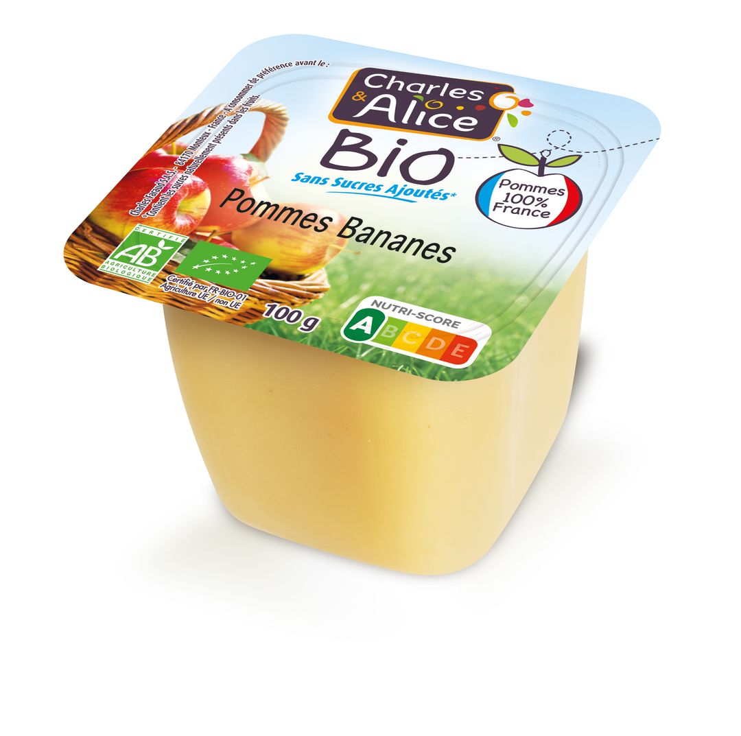 Purée de pommes et bananes sans sucres ajoutés Bio - CHARLES ET ALICE - Carton de 120 coupelles