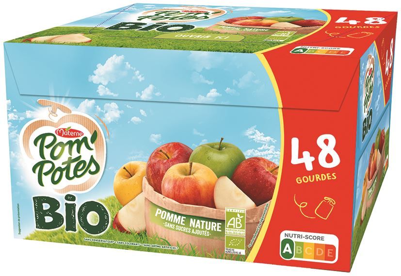 Spécialité de pomme Bio sans sucres ajoutés gourdes - MATERNE POM'POTES - Carton de 48 gourdes