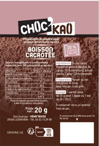 Préparation en poudre pour boisson instantanée sucrée cacao 20% - CHOC KAO - Carton de 200 doses