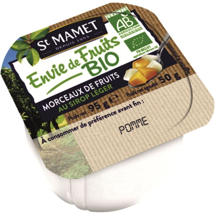 Pommes en morceaux au sirop léger Envie de fruits Bio - ST MAMET - Carton de 120 coupelles