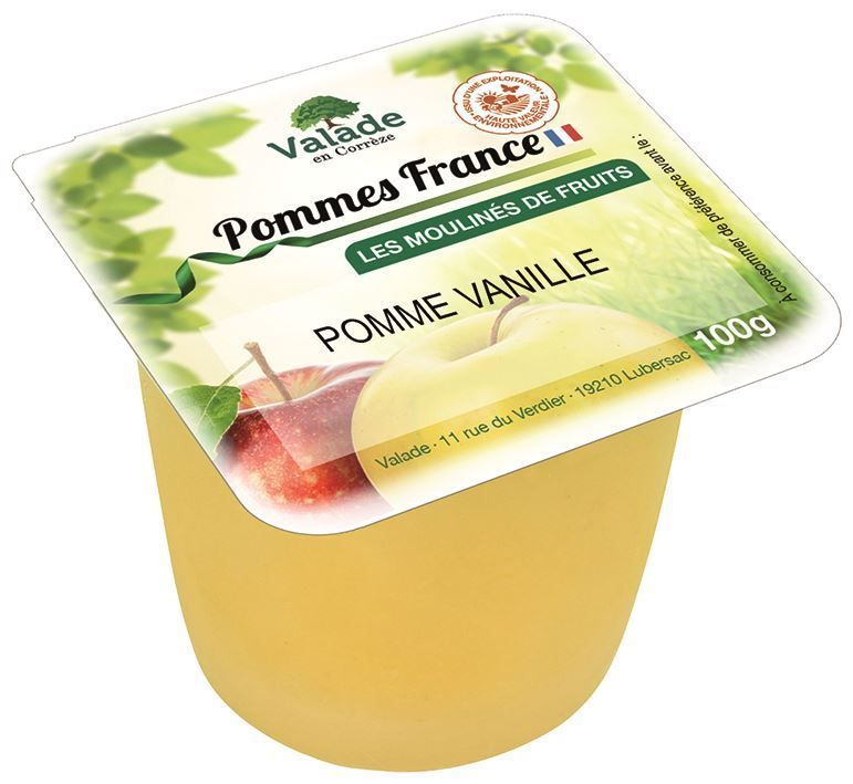 Spécialité de pomme vanille allégé en sucres HVE - VALADE - Carton de 120 coupelles