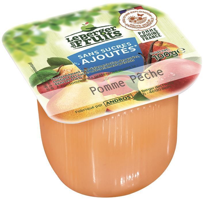 Purée de pommes et pêches sans sucres ajoutés HVE - LE BERGER DES FRUITS - Carton de 72 coupelles