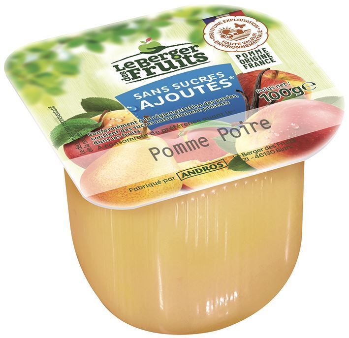 Purée de pommes et poires sans sucres ajoutés HVE - LE BERGER DES FRUITS - Carton de 72 coupelles