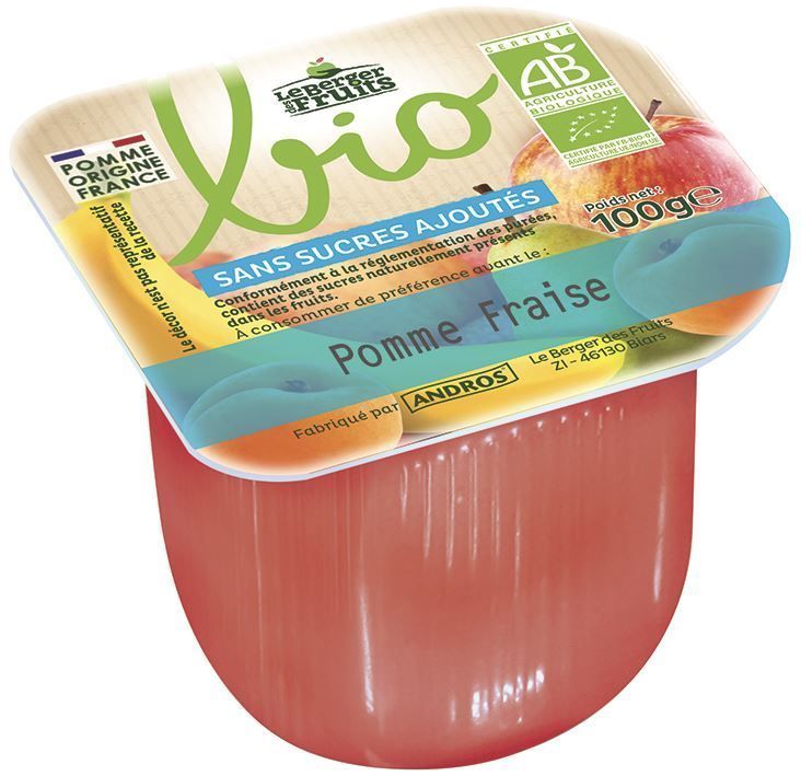 Purée de pommes et fraises sans sucres ajoutés Bio - LE BERGER DES FRUITS - Carton de 72 coupelles