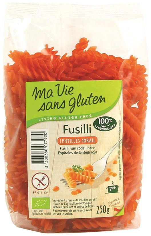 Fusilli lentilles corail Bio - MA VIE SANS GLUTEN - Carton de 12 sachets