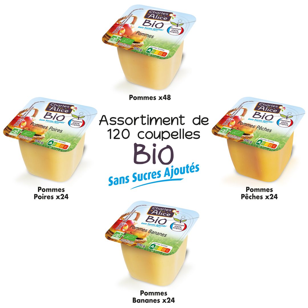 Purées assorties 4 parfums sans sucres ajoutés Bio - CHARLES ET ALICE - Carton de 120 coupelles