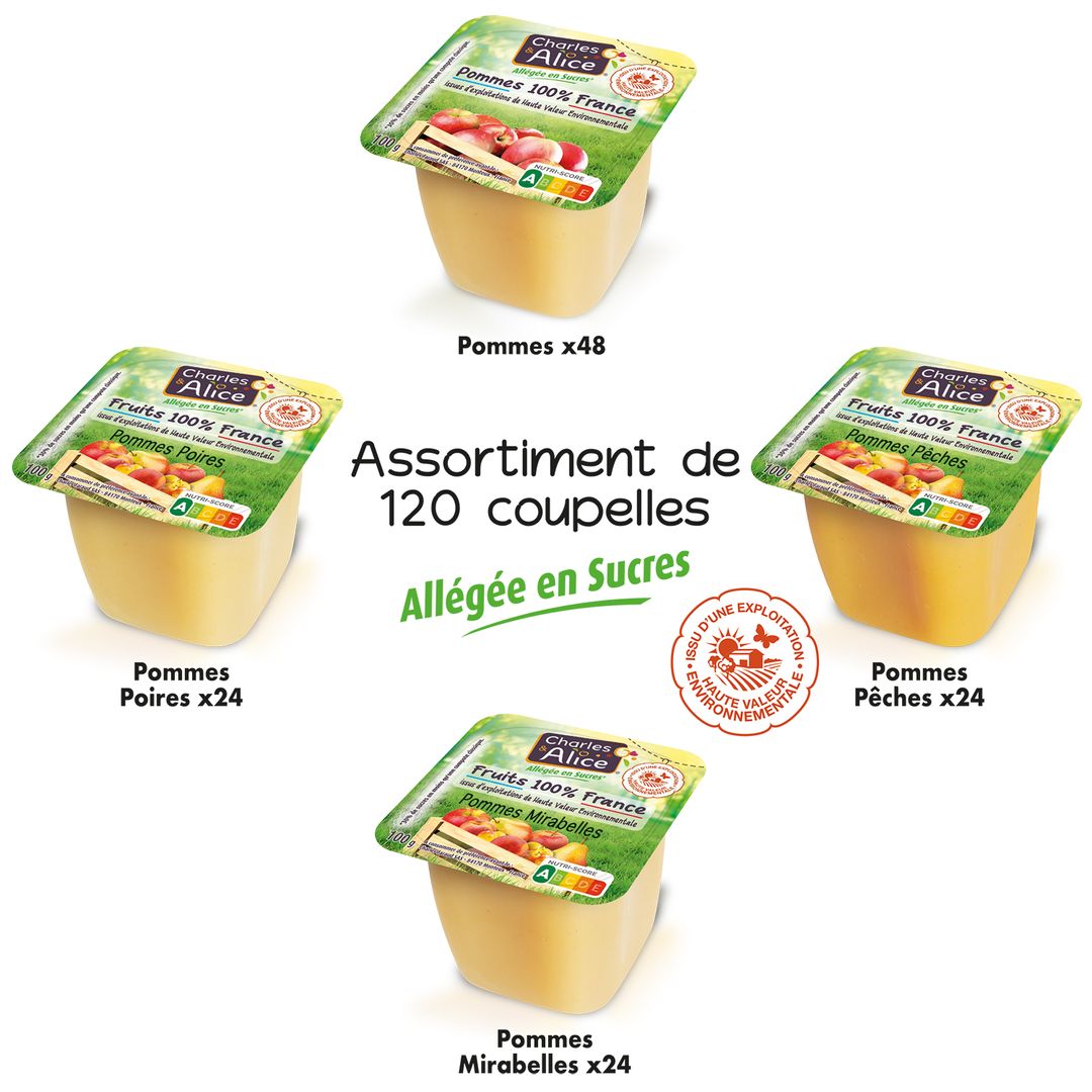 Compotes assorties 4 parfums allégées HVE - CHARLES ET ALICE - Carton de 120 coupelles