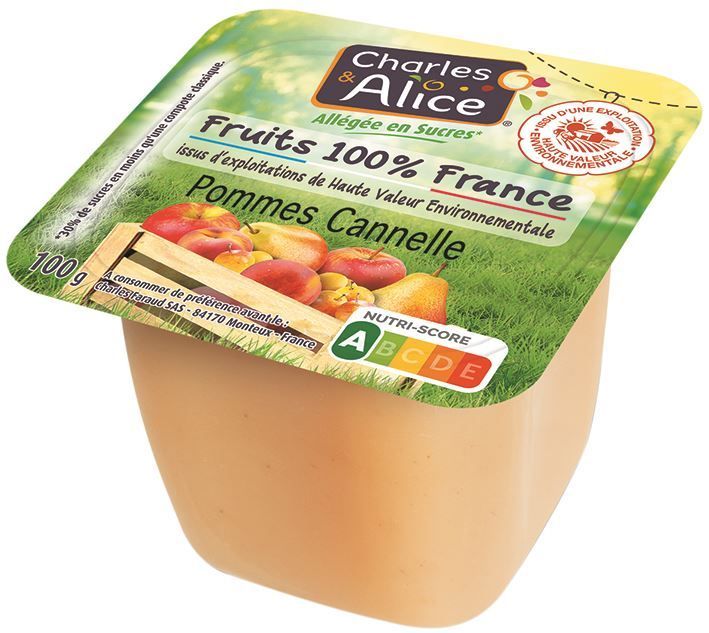 Compote de pommes cannelle allégé en sucres HVE - CHARLES ET ALICE - Carton de 120 coupelles