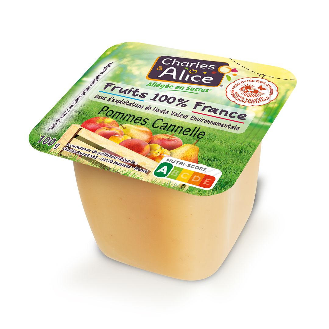 Compote de pommes cannelle allégé en sucres HVE - CHARLES ET ALICE - Carton de 120 coupelles