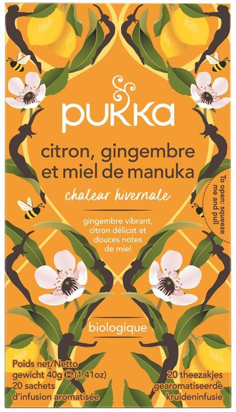 Infusion citron, gingembre et miel de Manuka Bio - PUKKA - Boite de 20 sachets