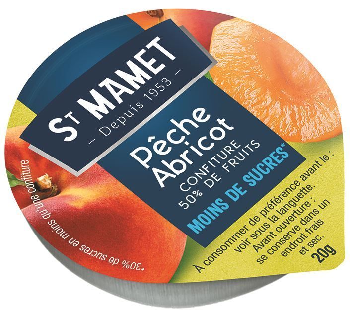 Confiture pêche abricot allégé en sucress - ST MAMET - Carton de 108 coupelles