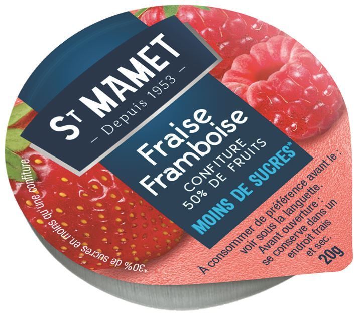 Confiture fraise et framboise allégé en sucress - ST MAMET - Carton de 108 coupelles