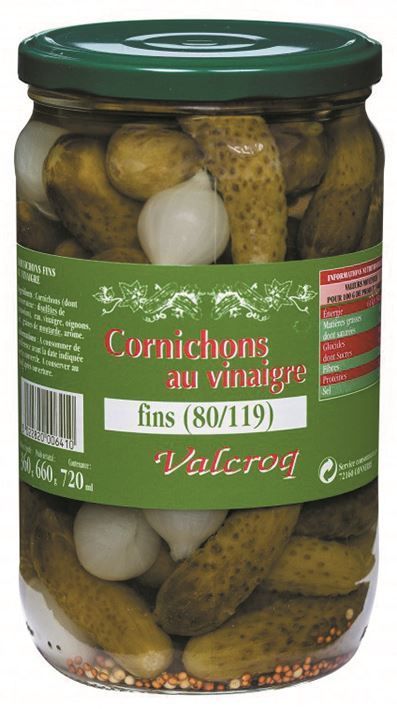 Cornichons au vinaigre fins 80+ - VALCROQ - Bocal de 72 cl