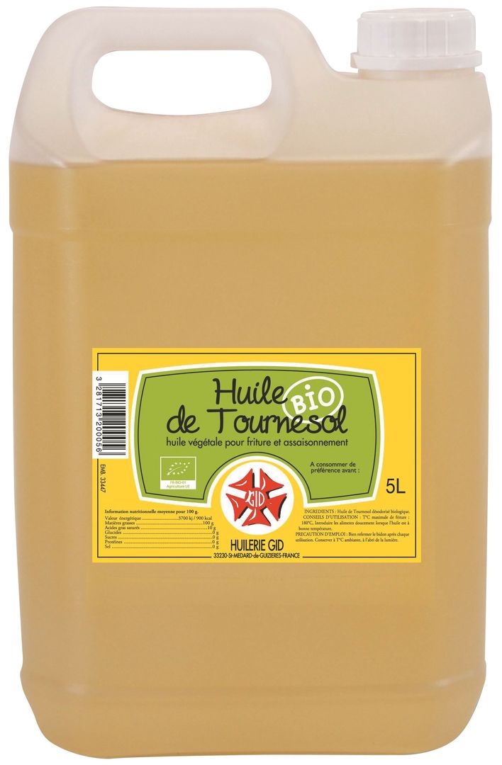 Huile de tournesol désodorisée Bio - GID - Bidon de 5L