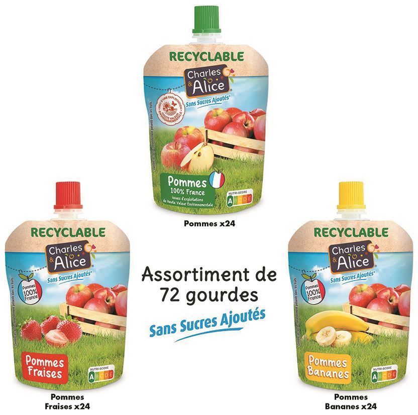 Purées assorties sans sucres ajoutés 3 parfums - CHARLES ET ALICE - Carton de 72 gourdes