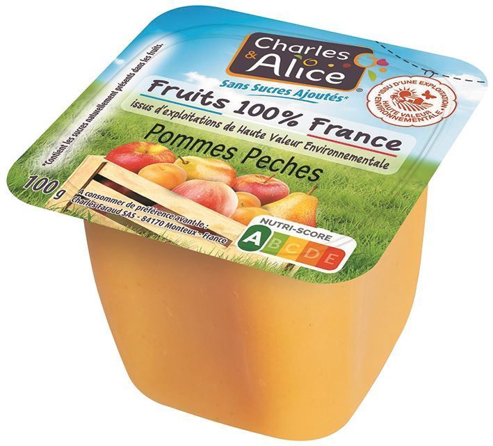 Spécialité de pommes et pêches sans sucres ajoutés HVE - CHARLES ET ALICE - Carton de 120 coupelles