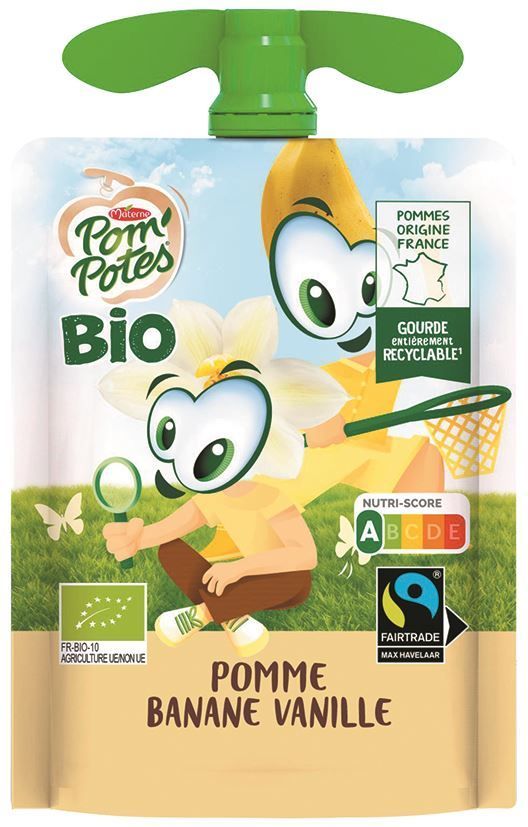 Spécialité de pomme banane vanille Bio sans sucres ajoutés - MATERNE POM'POTES - Carton de 48 gourdes