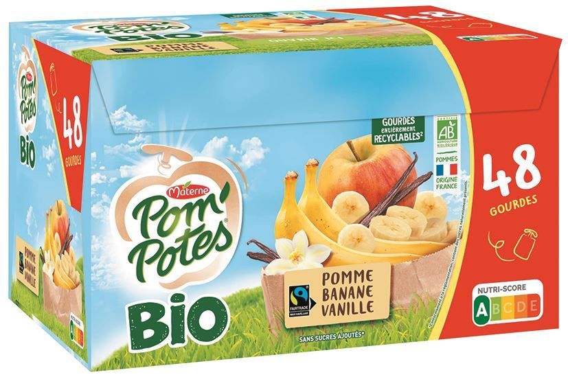 Spécialité de pomme banane vanille Bio sans sucres ajoutés - MATERNE POM'POTES - Carton de 48 gourdes