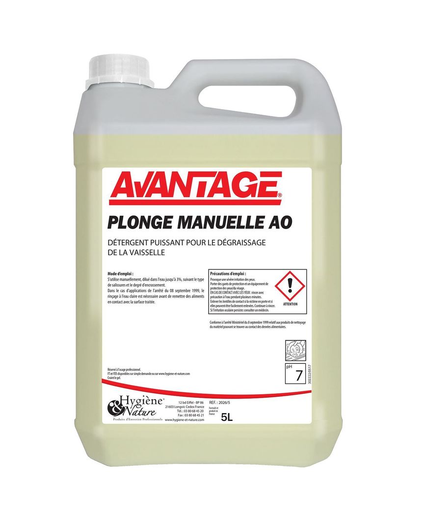 Détergent liquide plonge manuelle citron Avantage - HYGIENE ET NATURE - Bidon de 5l