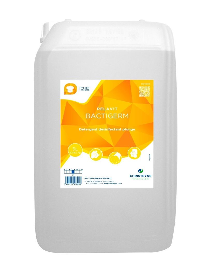 Détergent liquide plonge manuelle désinfectante Relavit Bactigerm - CHRISTEYNS FOOD - Bidon de 10l