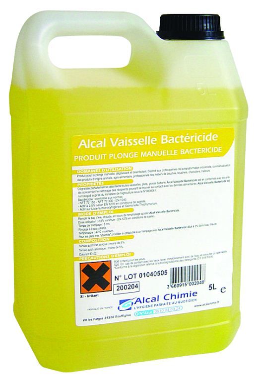 Détergent liquide plonge manuelle désinfectante Alcal Vaisselle Bactéricide - CHRISTEYNS FOOD - Bidon de 5l