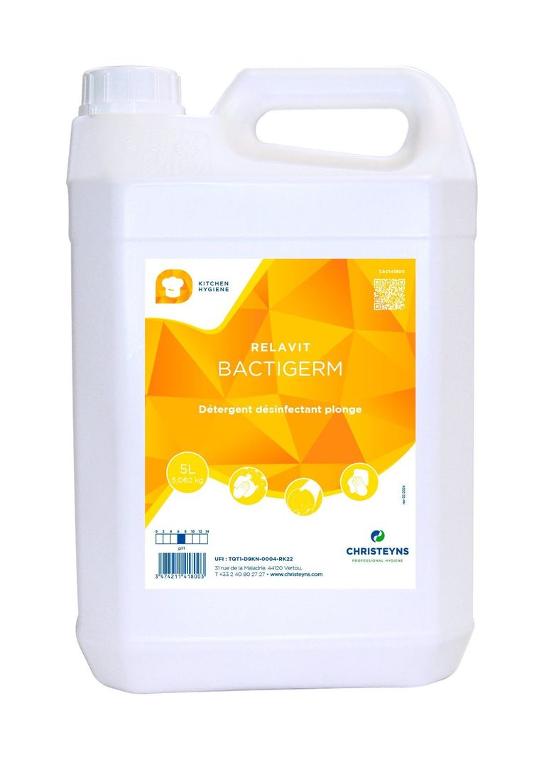 Détergent liquide plonge manuelle désinfectante Relavit Bactigerm - CHRISTEYNS FOOD - Bidon de 5l