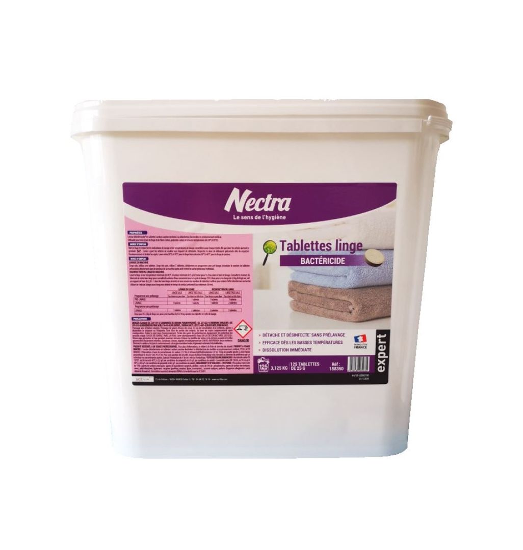 Lessive linge dose désinfectante bactéricide - NECTRA - Seau de 125 pastilles