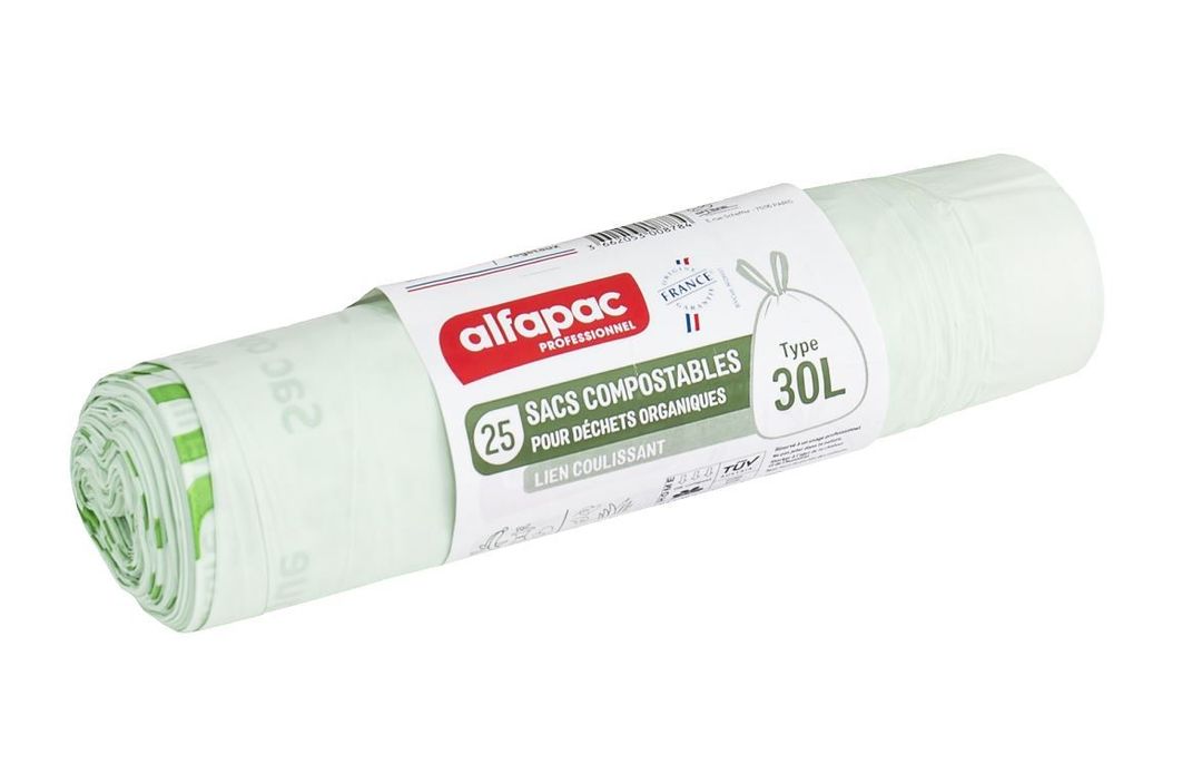 Sac poubelle 100% compostable vert 30l - ALFAPAC - Carton de 250