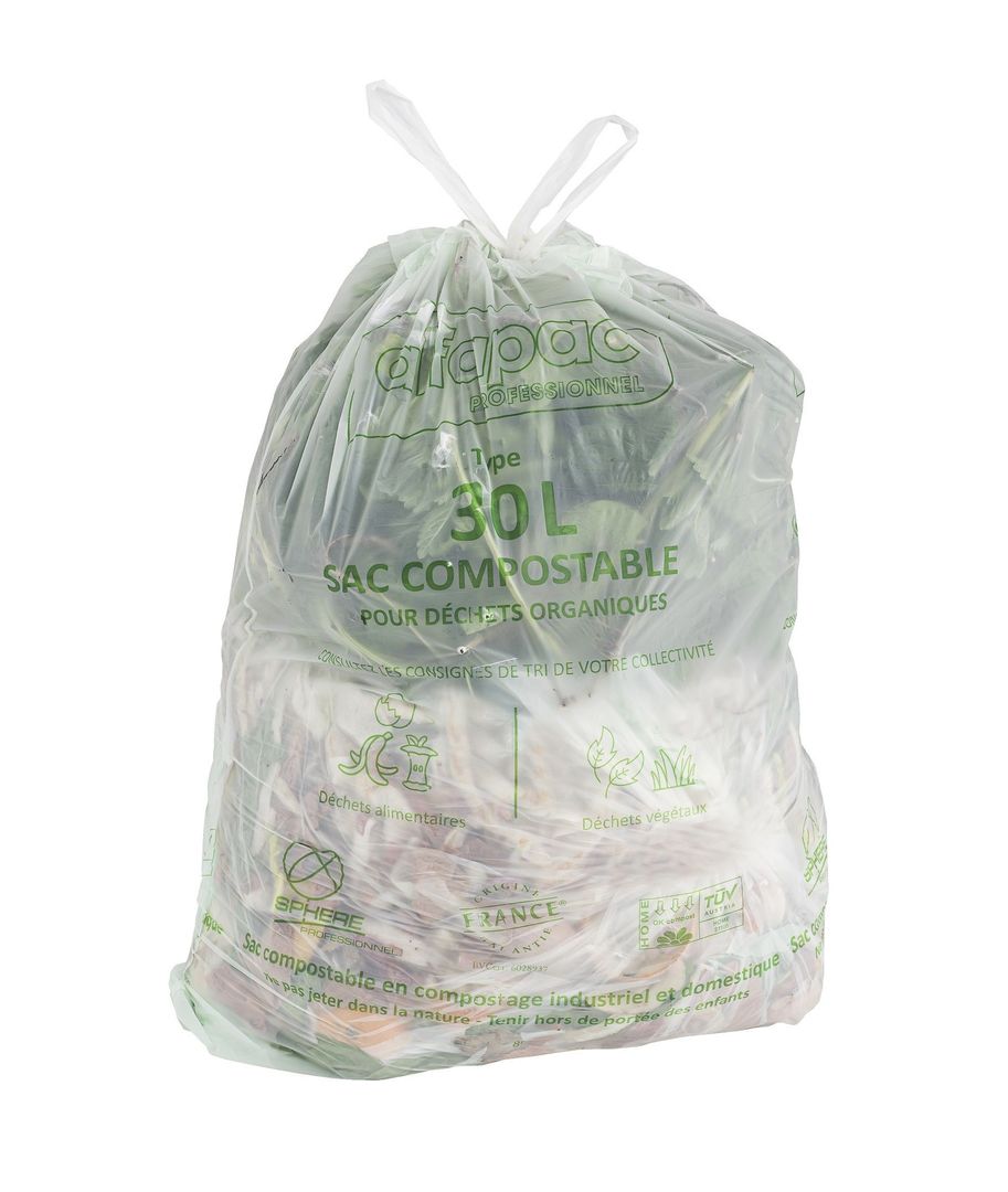 Sac poubelle 100% compostable vert 30l - ALFAPAC - Carton de 250
