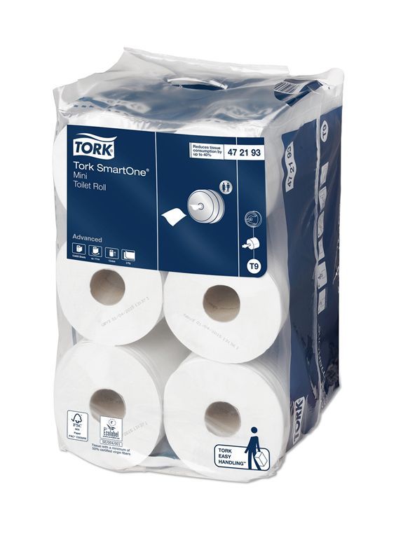 Rouleau papier toilette 2 plis blanc 620 formats Mini Smartone T9 - TORK - Carton de 12