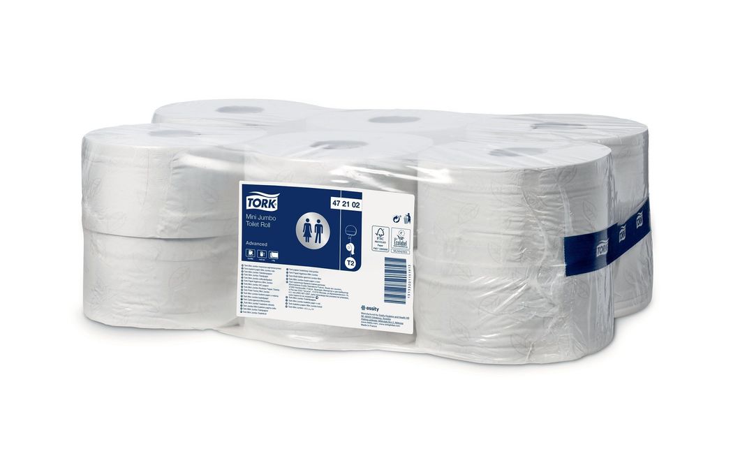 Rouleau papier toilette 2 plis blanc lisse 900 formats Mini Jumbo T2 - TORK - Carton de 12