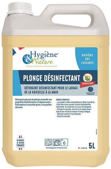 Détergent liquide plonge manuelle désinfectant - HYGIENE ET NATURE - Bidon de 5l