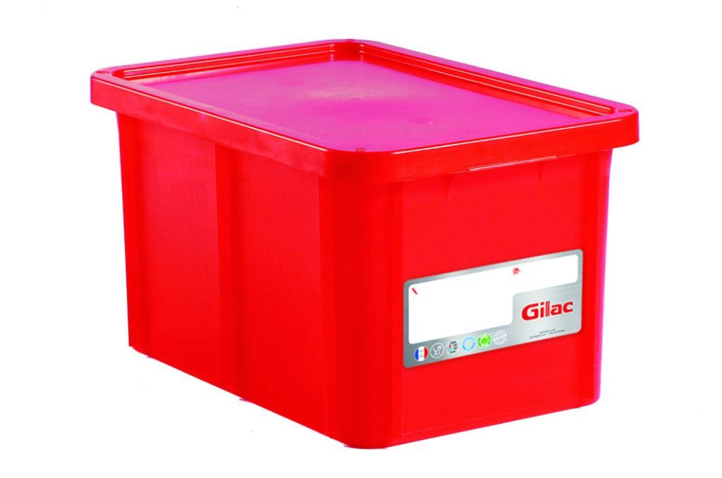 Bac gerbable PEHD HACCP 55l + couvercle rouge - GILAC - A l'unité