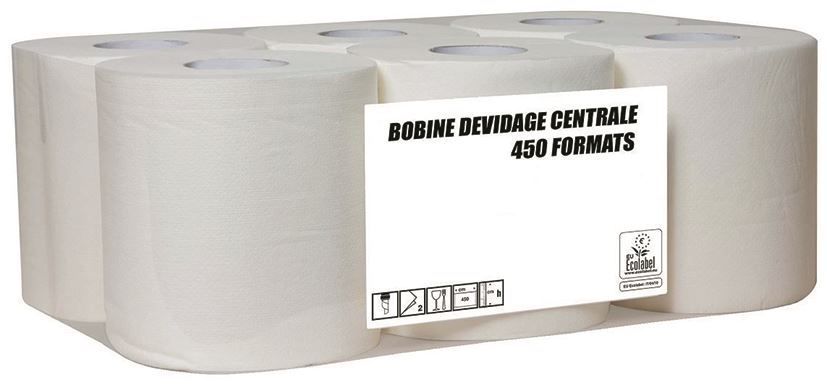 Bobine d'essuyage dévidage central 2 plis gaufré blanc 450 formats - Carton de 6