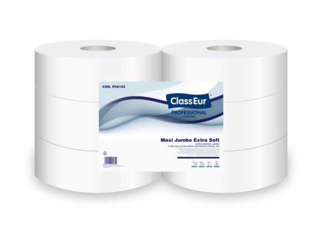 Rouleau papier toilette 2 plis blanc gaufré 1050 formats Maxi Jumbo - Carton de 6