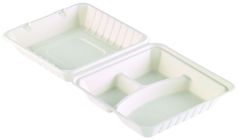 Boite repas bagasse blanc 3 compartiments 23,6x23,1x8,1cm - Carton de 100