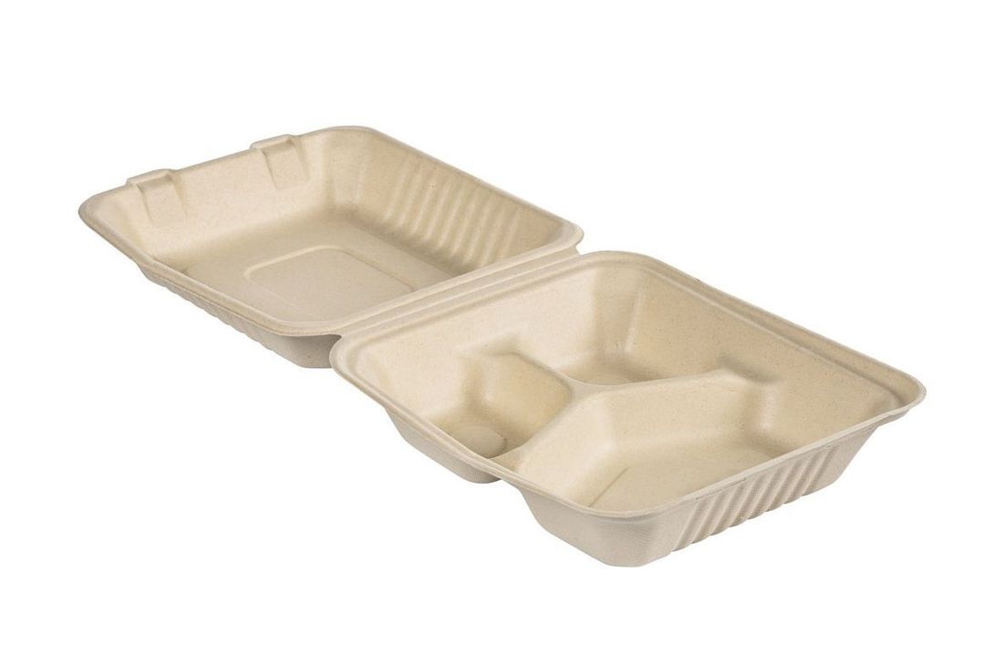 Boite repas bagasse marron 3 compartiments 22,5x20,1x8,5cm - Carton de 200