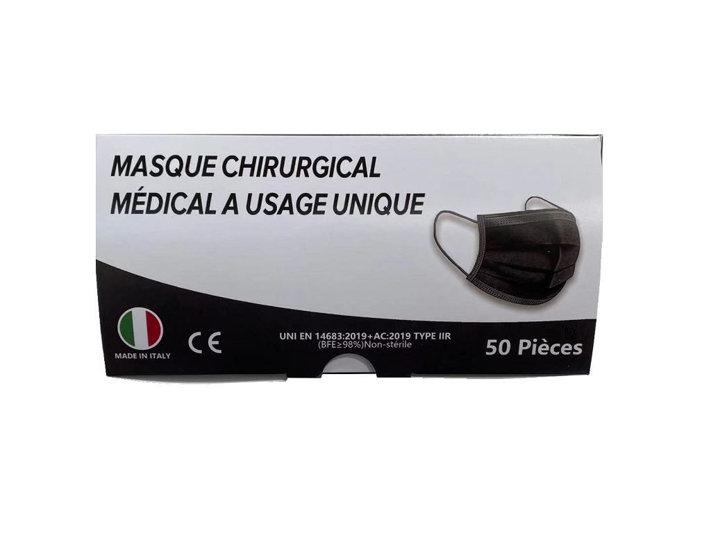 Masque chirurgical 3 plis type IIR EN 14683 noir - Boite de 50