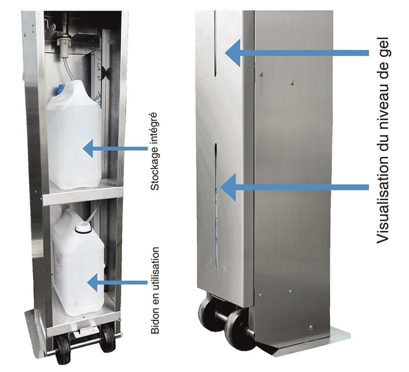 Station de désinfection inox sur roues pour gel hydroalcoolique - TOURNUS - A l'unité