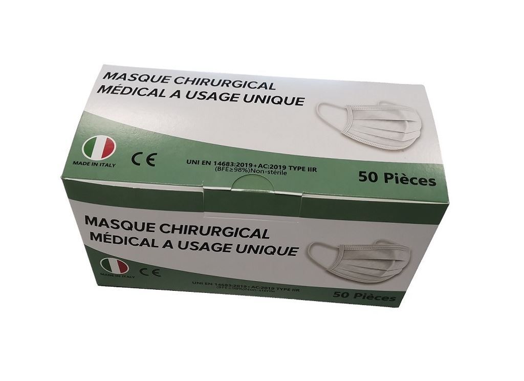 Masque chirurgical 3 plis type IIR EN 14683 blanc - Boite de 50