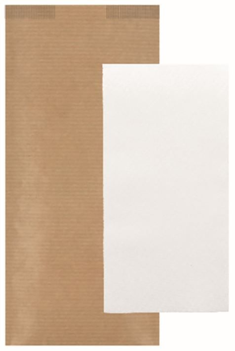 Pochette couverts kraft 11x25cm avec serviette airlaid 2 plis blanche 40x32cm - GDP - Carton de 300